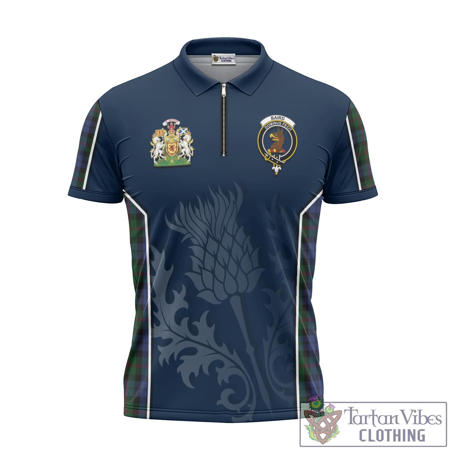 Tartan Vibes Clothing Baird Tartan Zipper Polo Shirt with Family Crest and Scottish Thistle Vibes Sport Style