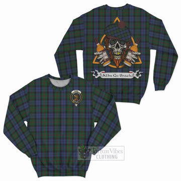 Baird Tartan Sweatshirt with Family Crest and Bearded Skull Holding Bottles of Whiskey