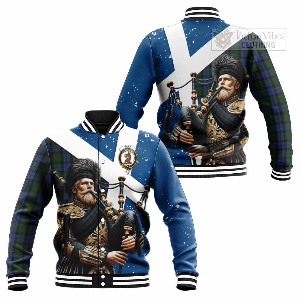 Tartan Vibes Clothing Baird Tartan Baseball Jacket with Family Crest Scottish Bagpiper Vibes