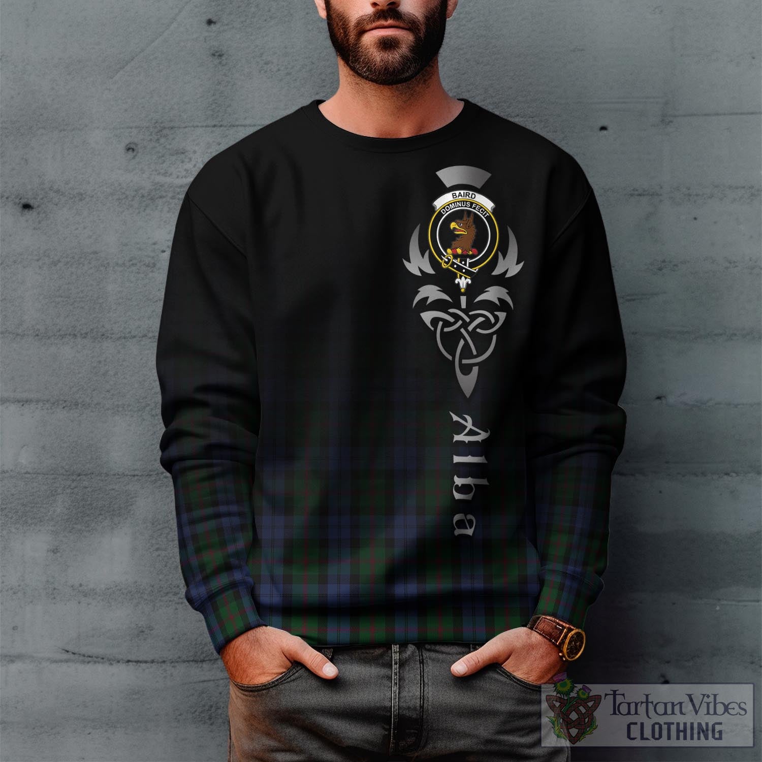 Tartan Vibes Clothing Baird Tartan Sweatshirt Featuring Alba Gu Brath Family Crest Celtic Inspired