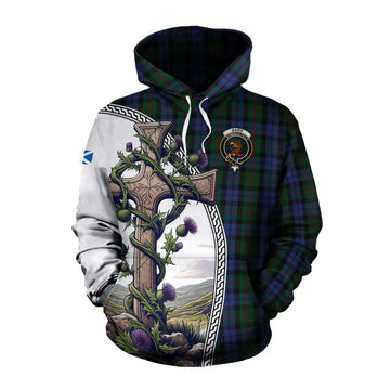 Baird Tartan Cotton Hoodie with Family Crest and St. Andrew's Cross Accented by Thistle Vines