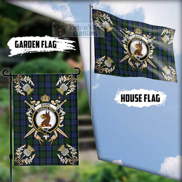 Baird Tartan Flag with Family Crest and Golden Thistle Crossed Sword Design