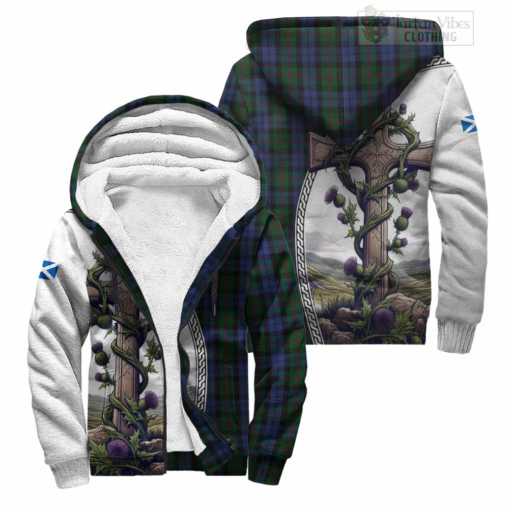 Tartan Vibes Clothing Baird Tartan Sherpa Hoodie with Family Crest and St. Andrew's Cross Accented by Thistle Vines