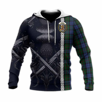 Baird Tartan Knitted Hoodie with Family Crest Cross Sword Thistle Celtic Vibes