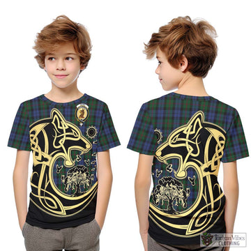 Baird Tartan Kid T-Shirt with Family Crest Celtic Wolf Style