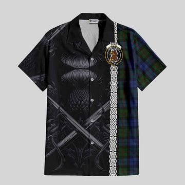 Baird Tartan Short Sleeve Button Shirt with Family Crest Cross Sword Thistle Celtic Vibes