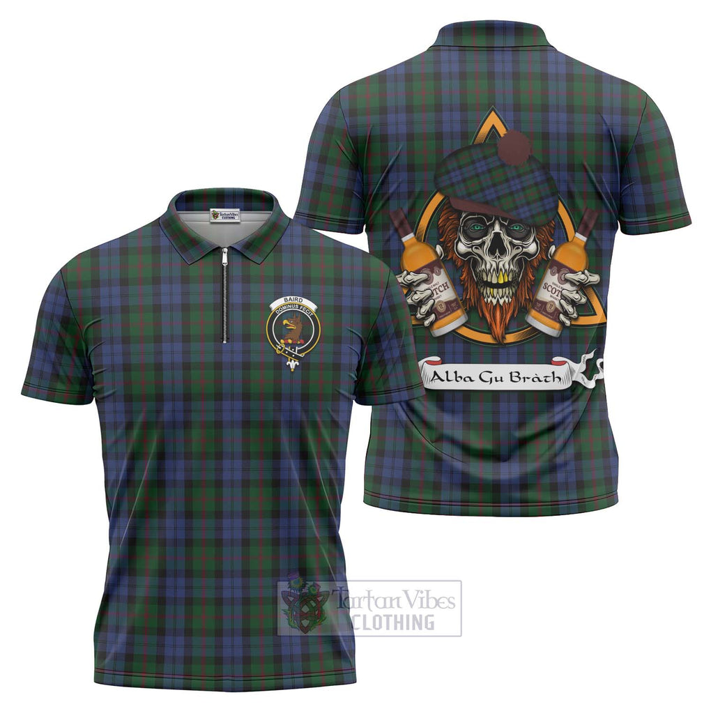 Tartan Vibes Clothing Baird Tartan Zipper Polo Shirt with Family Crest and Bearded Skull Holding Bottles of Whiskey