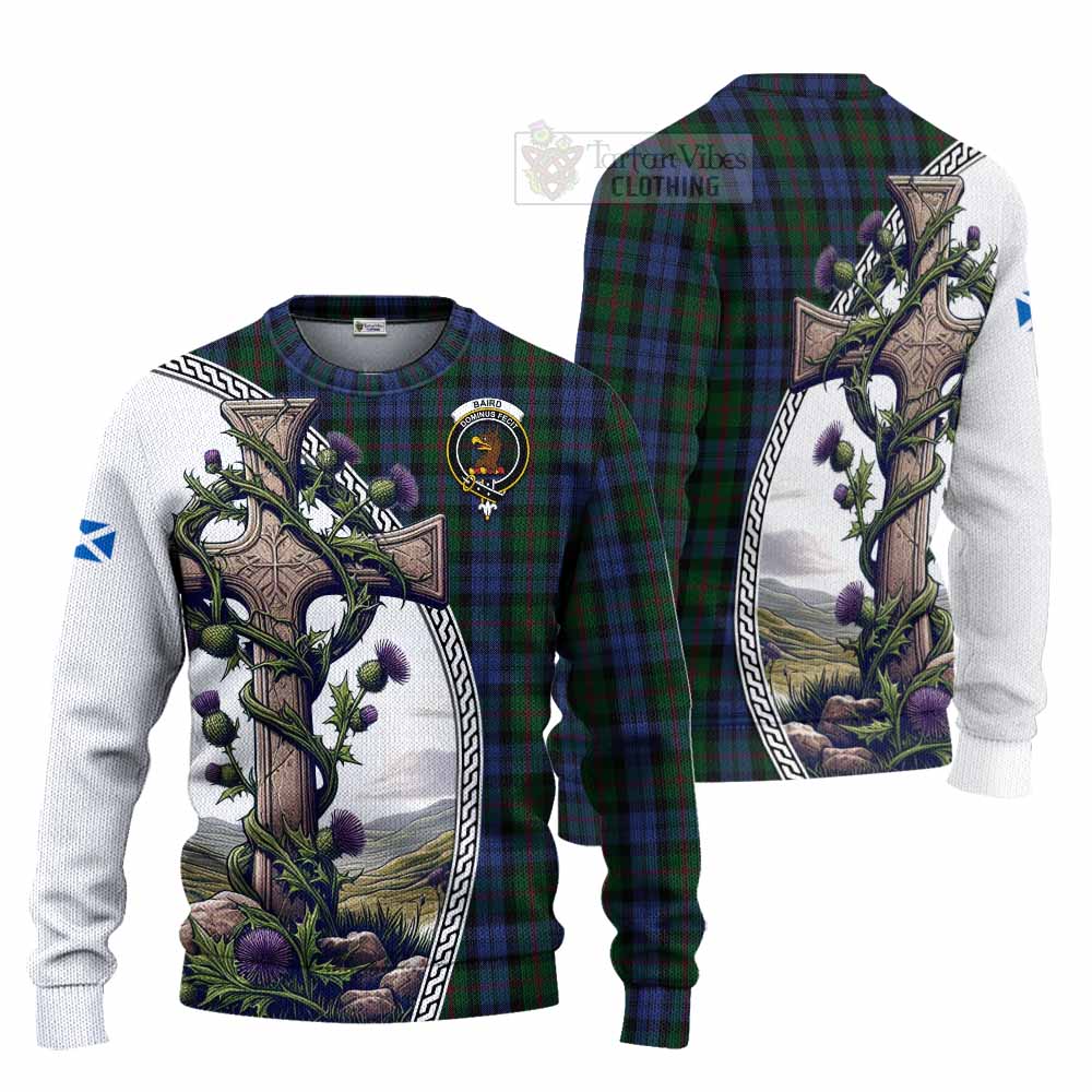 Tartan Vibes Clothing Baird Tartan Knitted Sweater with Family Crest and St. Andrew's Cross Accented by Thistle Vines