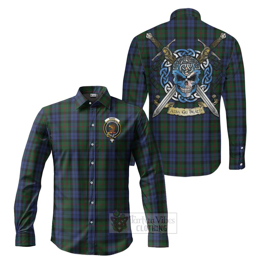 Tartan Vibes Clothing Baird Tartan Long Sleeve Button Shirt with Family Crest Celtic Skull Style