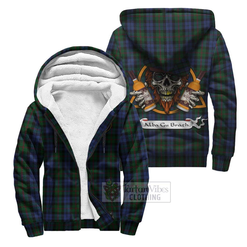 Tartan Vibes Clothing Baird Tartan Sherpa Hoodie with Family Crest and Bearded Skull Holding Bottles of Whiskey