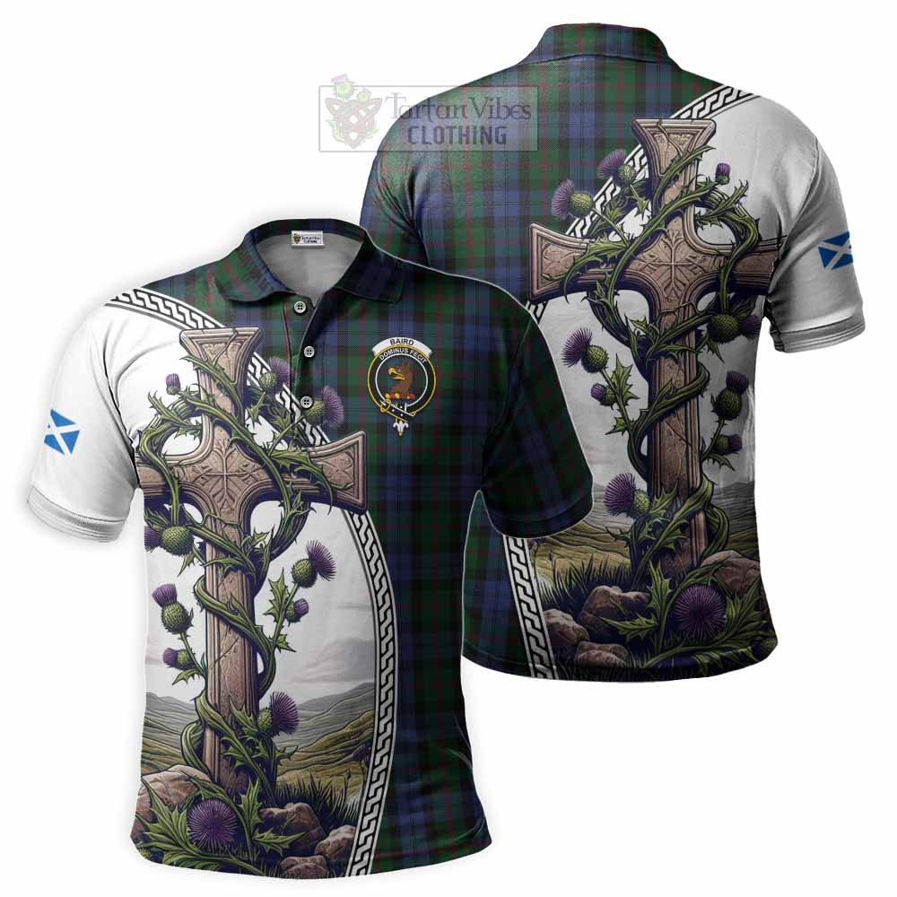 Tartan Vibes Clothing Baird Tartan Polo Shirt with Family Crest and St. Andrew's Cross Accented by Thistle Vines