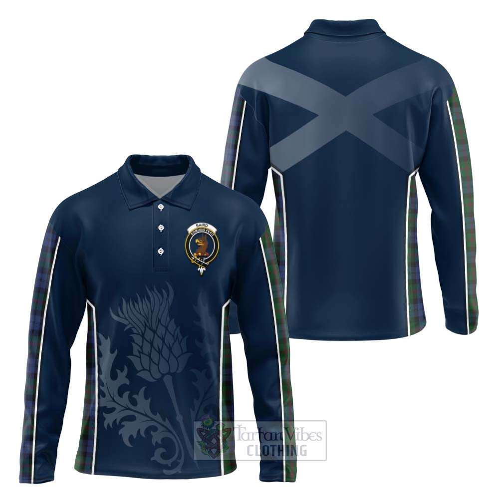 Tartan Vibes Clothing Baird Tartan Long Sleeve Polo Shirt with Family Crest and Scottish Thistle Vibes Sport Style