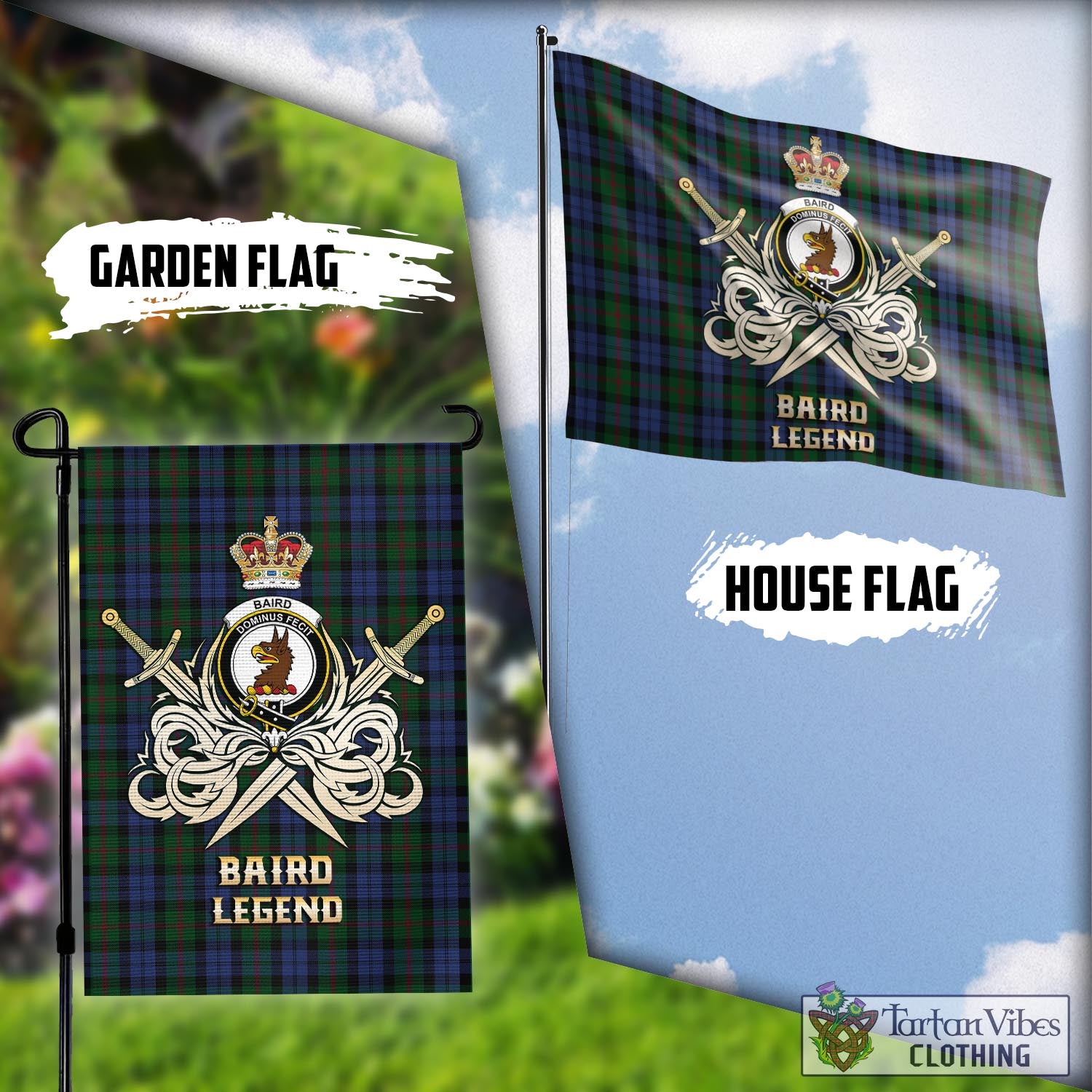 Tartan Vibes Clothing Baird Tartan Flag with Clan Crest and the Golden Sword of Courageous Legacy