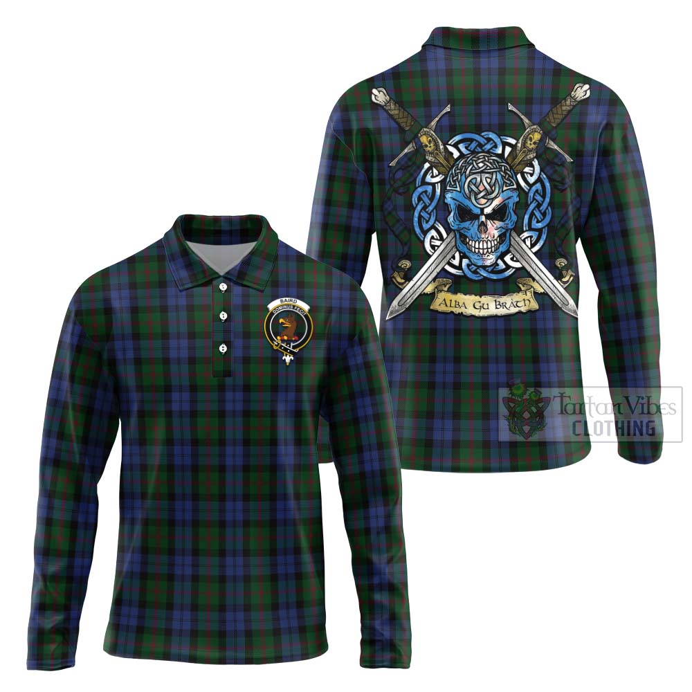 Tartan Vibes Clothing Baird Tartan Long Sleeve Polo Shirt with Family Crest Celtic Skull Style