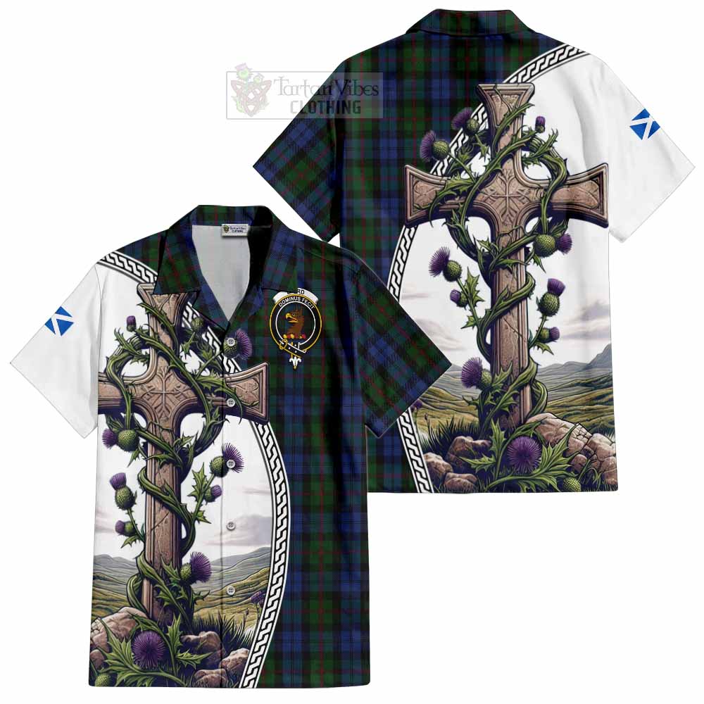 Tartan Vibes Clothing Baird Tartan Short Sleeve Button Shirt with Family Crest and St. Andrew's Cross Accented by Thistle Vines