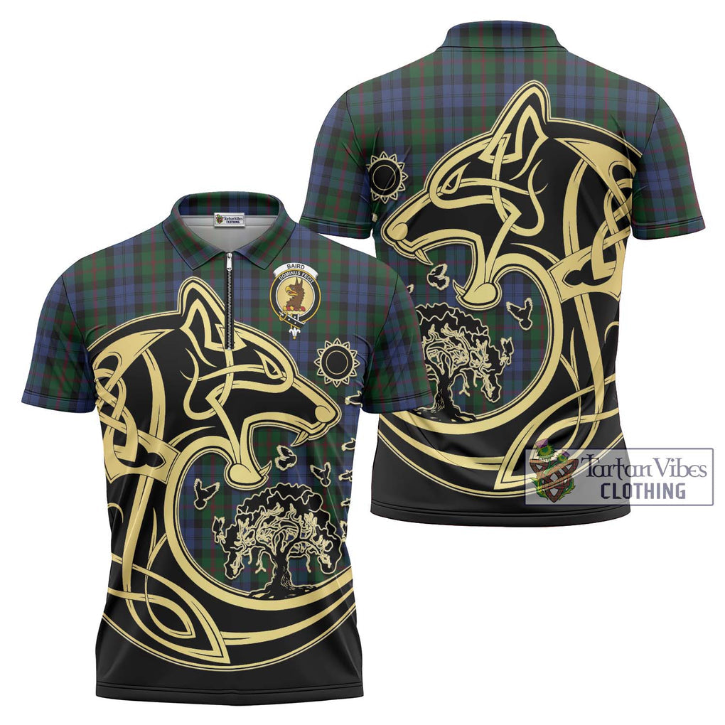 Baird Tartan Zipper Polo Shirt with Family Crest Celtic Wolf Style Unisex - Tartanvibesclothing Shop