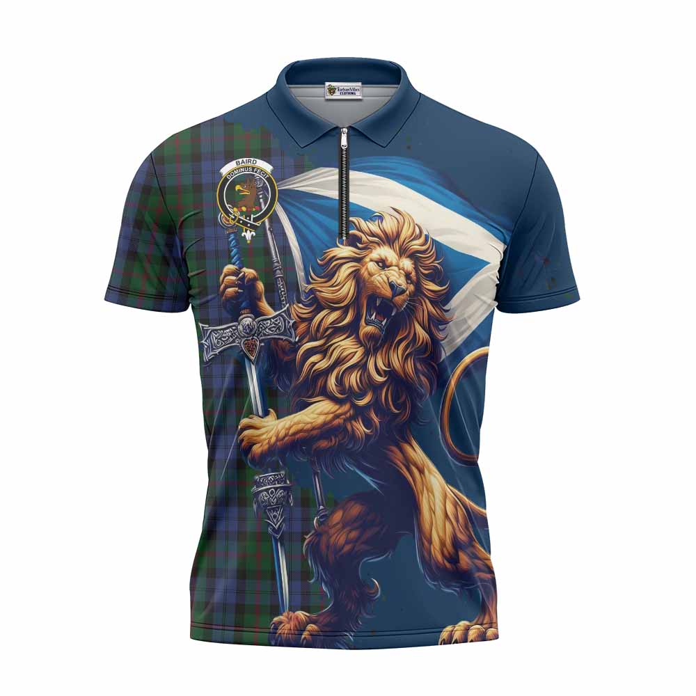 Tartan Vibes Clothing Baird Tartan Family Crest Zipper Polo Shirt with Scottish Majestic Lion