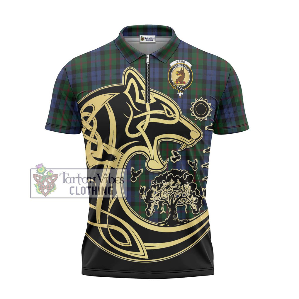 Baird Tartan Zipper Polo Shirt with Family Crest Celtic Wolf Style - Tartanvibesclothing Shop