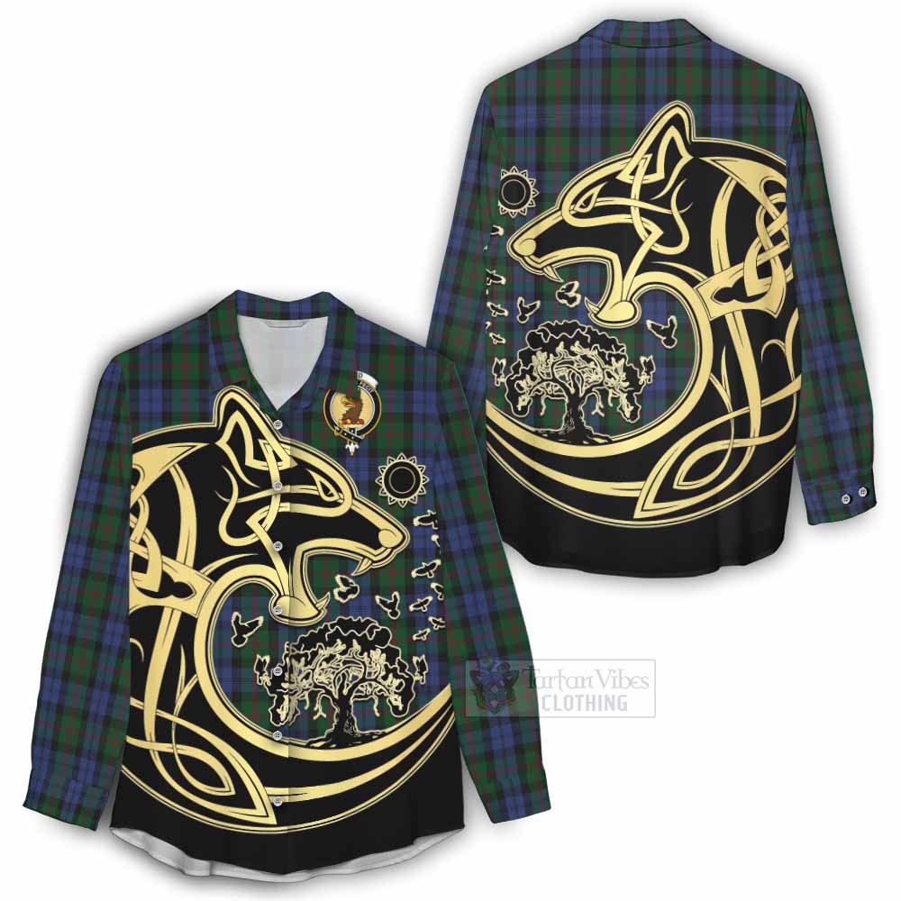 Tartan Vibes Clothing Baird Tartan Women's Casual Shirt with Family Crest Celtic Wolf Style