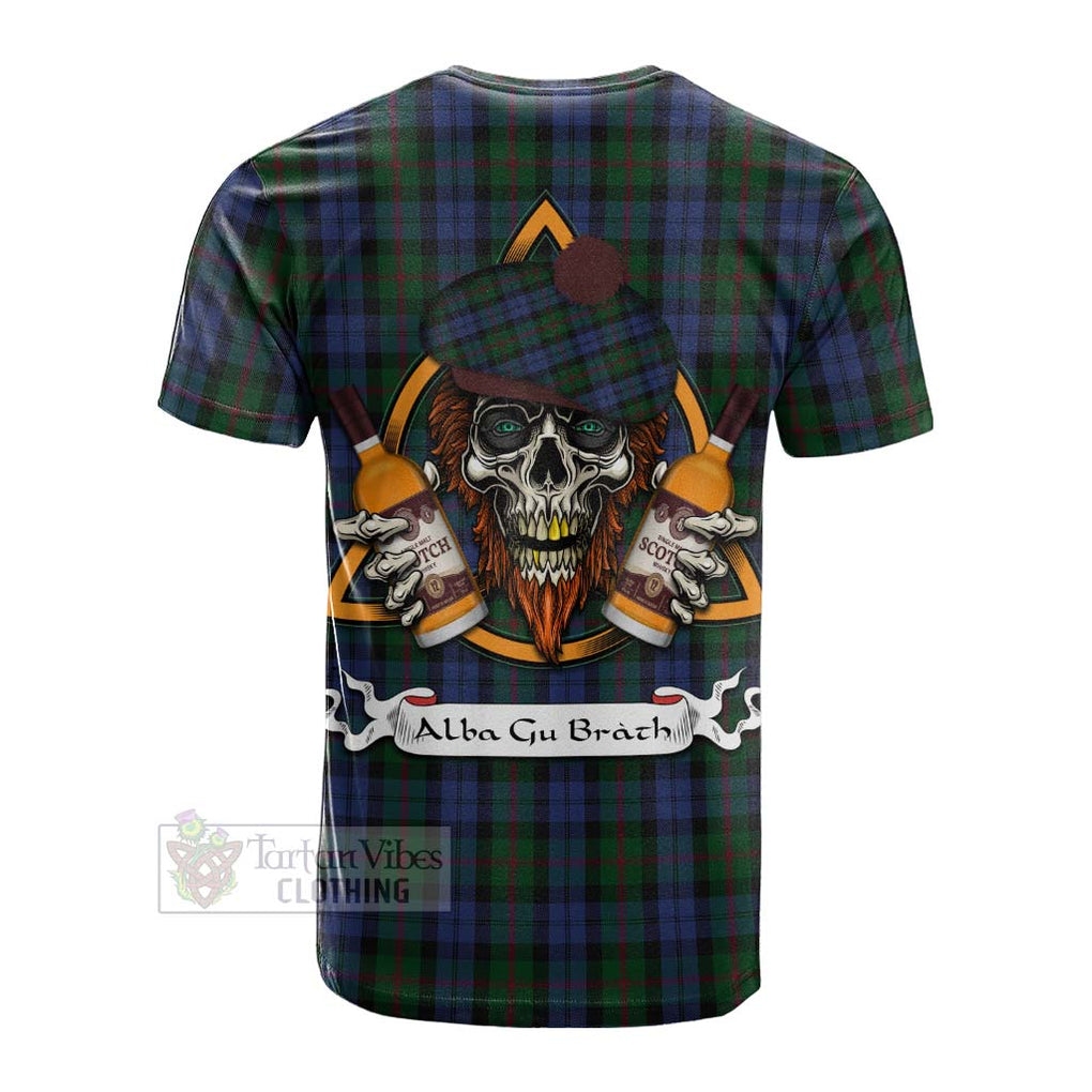 Tartan Vibes Clothing Baird Tartan Cotton T-shirt with Family Crest and Bearded Skull Holding Bottles of Whiskey