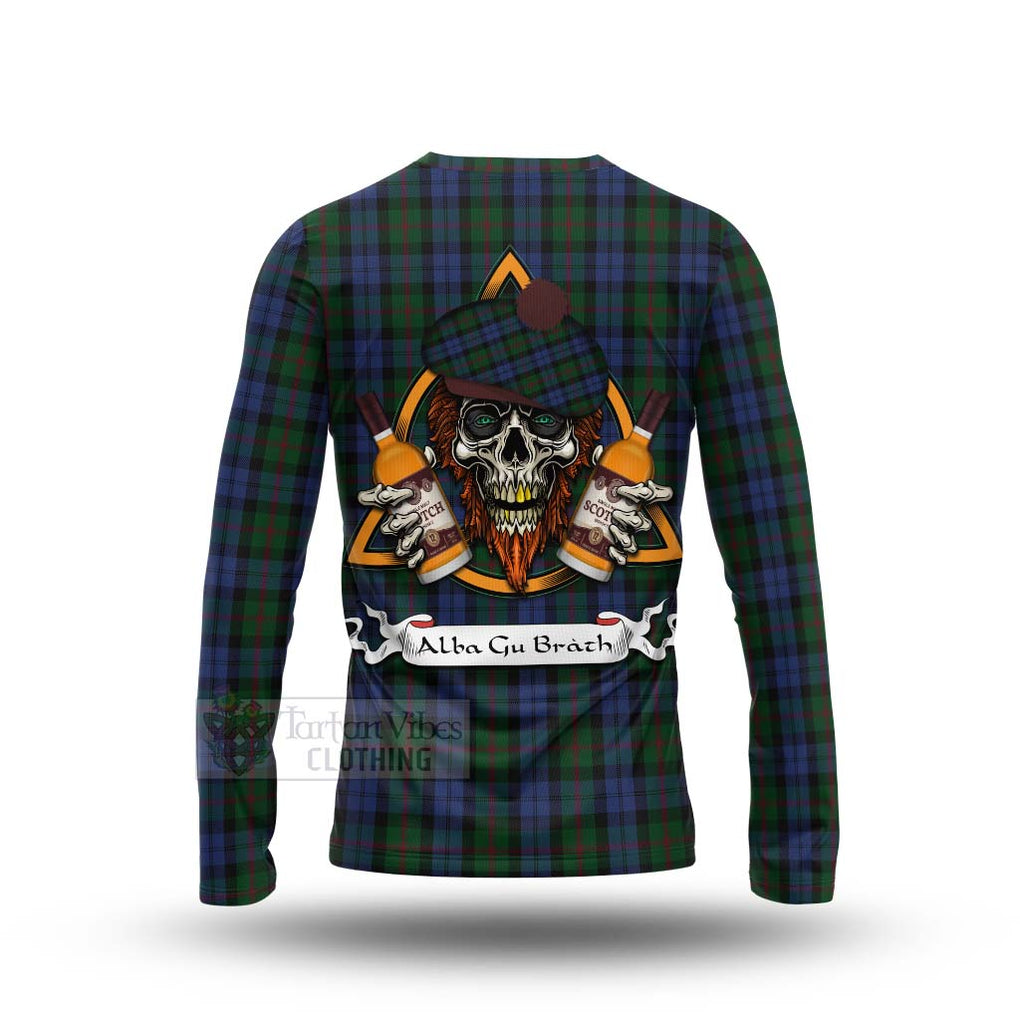 Tartan Vibes Clothing Baird Tartan Long Sleeve T-Shirt with Family Crest and Bearded Skull Holding Bottles of Whiskey