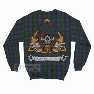 Baird Tartan Sweatshirt with Family Crest and Bearded Skull Holding Bottles of Whiskey