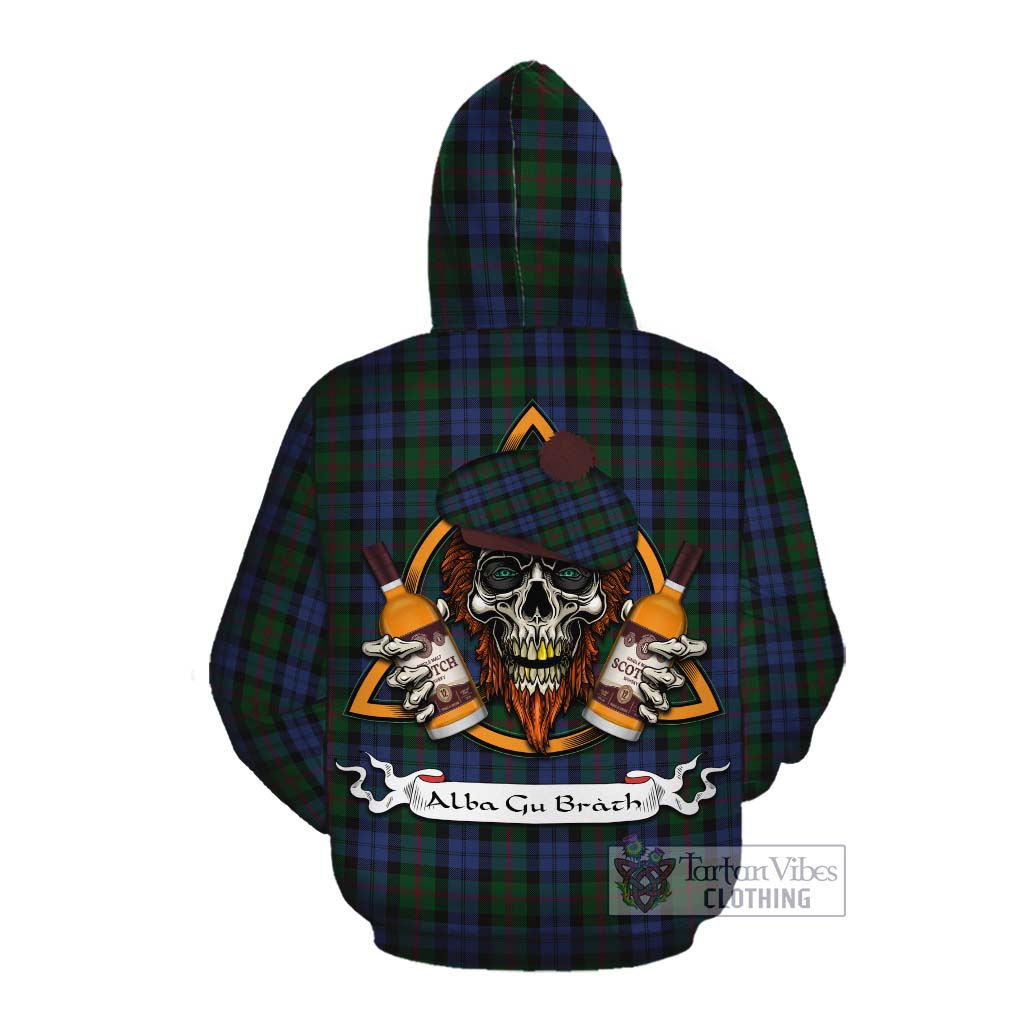 Tartan Vibes Clothing Baird Tartan Cotton Hoodie with Family Crest and Bearded Skull Holding Bottles of Whiskey