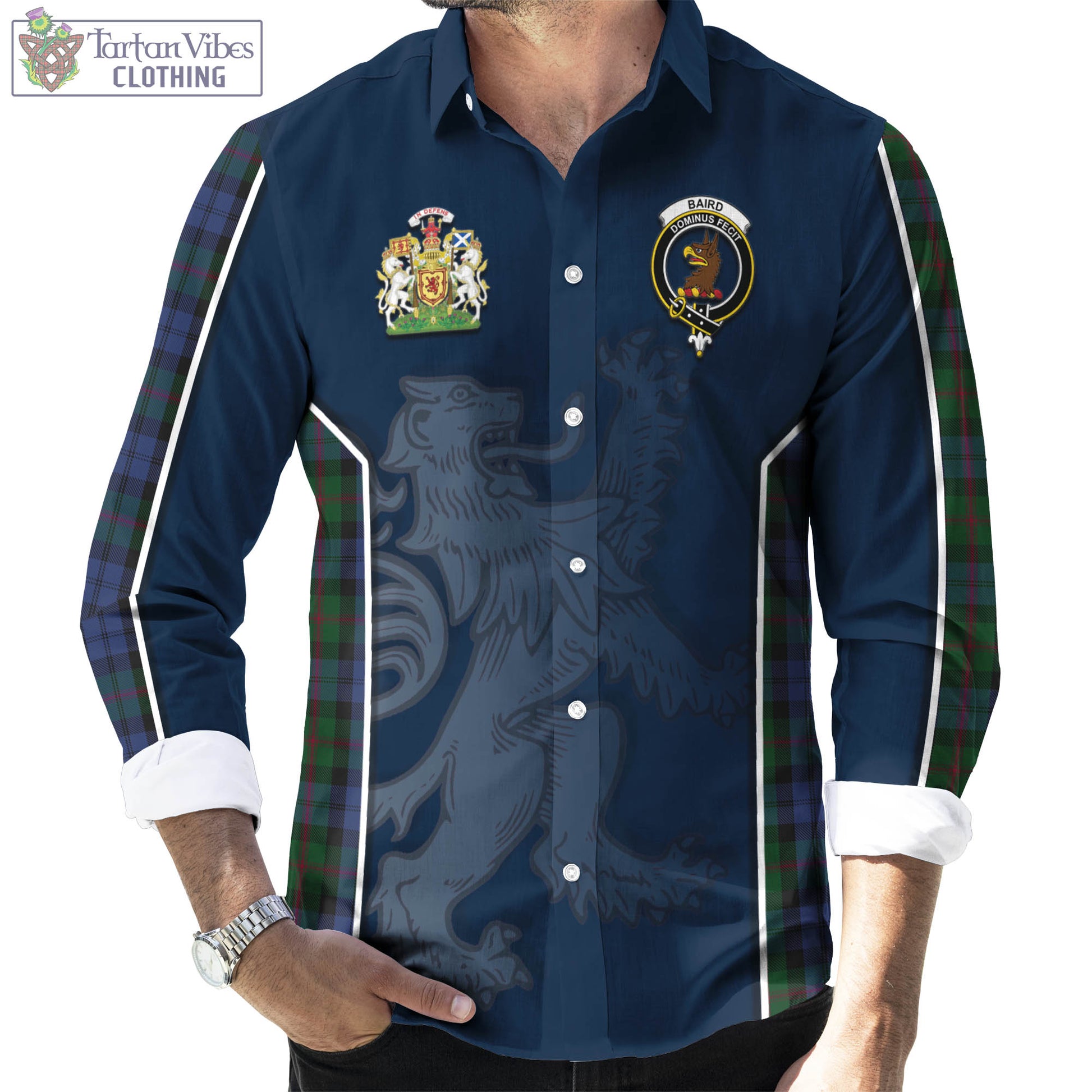 Tartan Vibes Clothing Baird Tartan Long Sleeve Button Up Shirt with Family Crest and Lion Rampant Vibes Sport Style