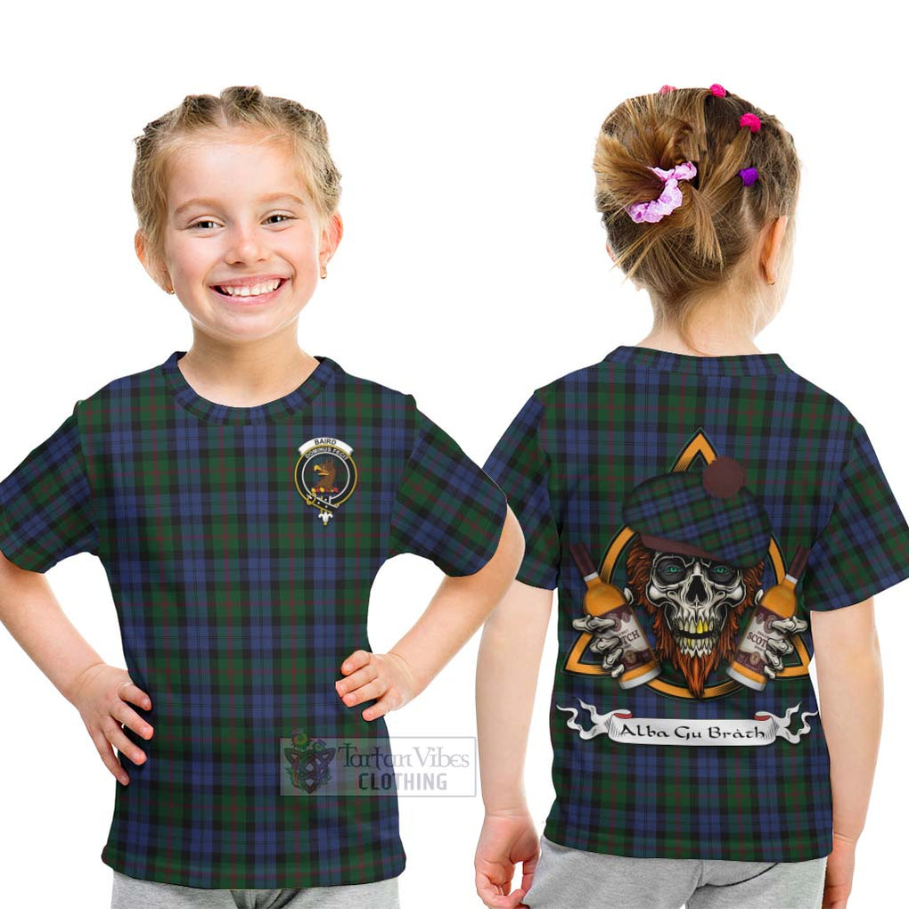 Tartan Vibes Clothing Baird Tartan Kid T-Shirt with Family Crest and Bearded Skull Holding Bottles of Whiskey