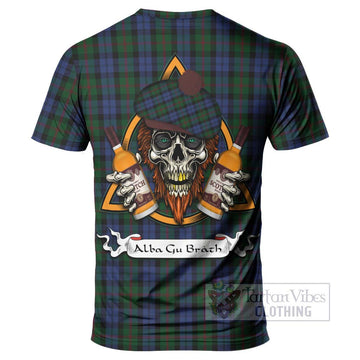 Baird Tartan T-Shirt with Family Crest and Bearded Skull Holding Bottles of Whiskey