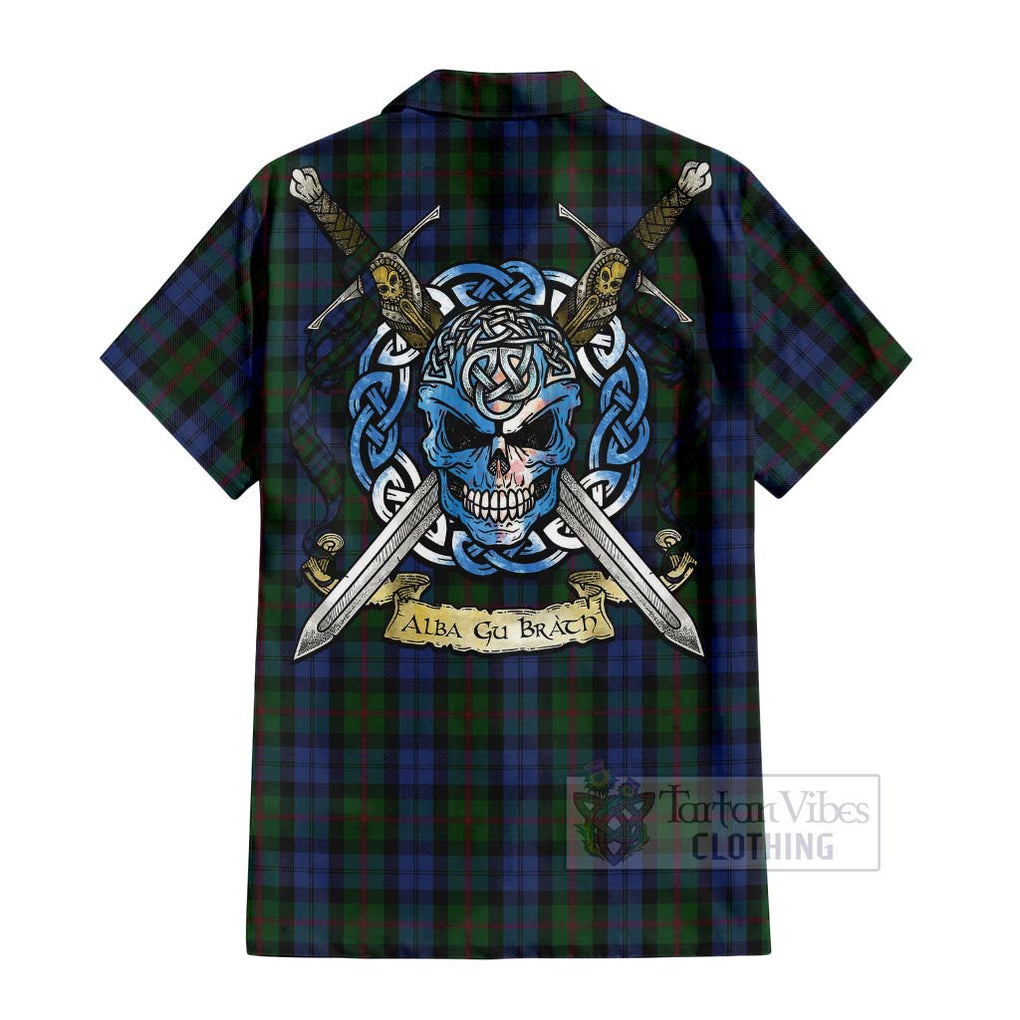 Tartan Vibes Clothing Baird Tartan Short Sleeve Button Shirt with Family Crest Celtic Skull Style