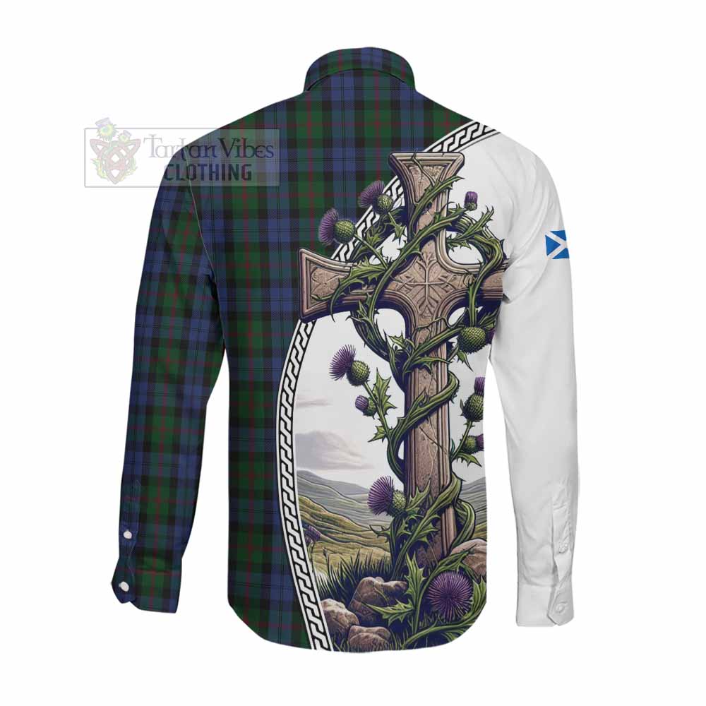 Tartan Vibes Clothing Baird Tartan Long Sleeve Button Shirt with Family Crest and St. Andrew's Cross Accented by Thistle Vines