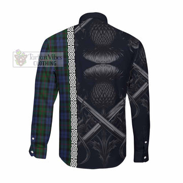 Baird Tartan Long Sleeve Button Shirt with Family Crest Cross Sword Thistle Celtic Vibes