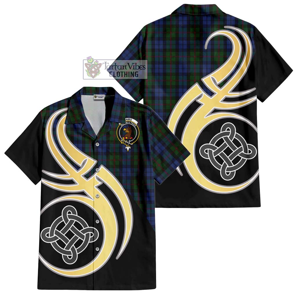 Baird Tartan Short Sleeve Button Shirt with Family Crest and Celtic Symbol Style - Tartan Vibes Clothing