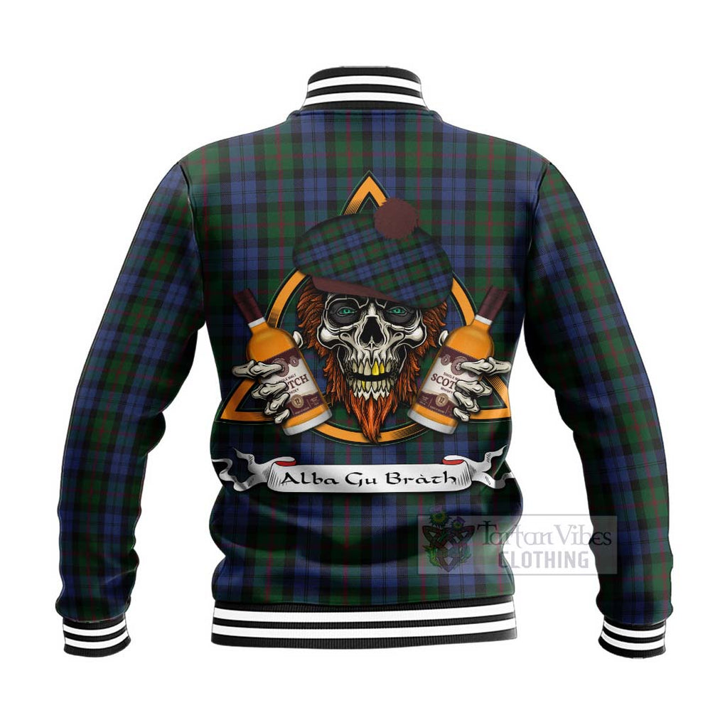 Tartan Vibes Clothing Baird Tartan Baseball Jacket with Family Crest and Bearded Skull Holding Bottles of Whiskey