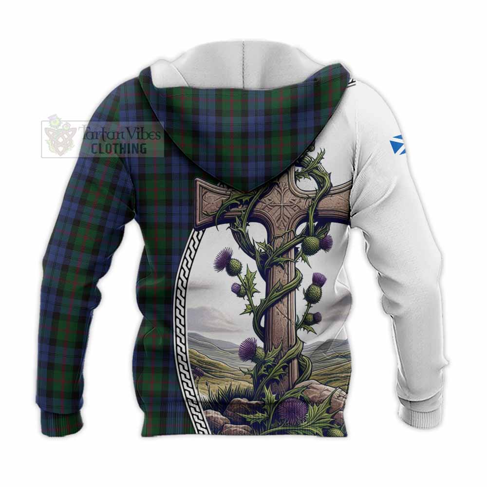 Tartan Vibes Clothing Baird Tartan Knitted Hoodie with Family Crest and St. Andrew's Cross Accented by Thistle Vines