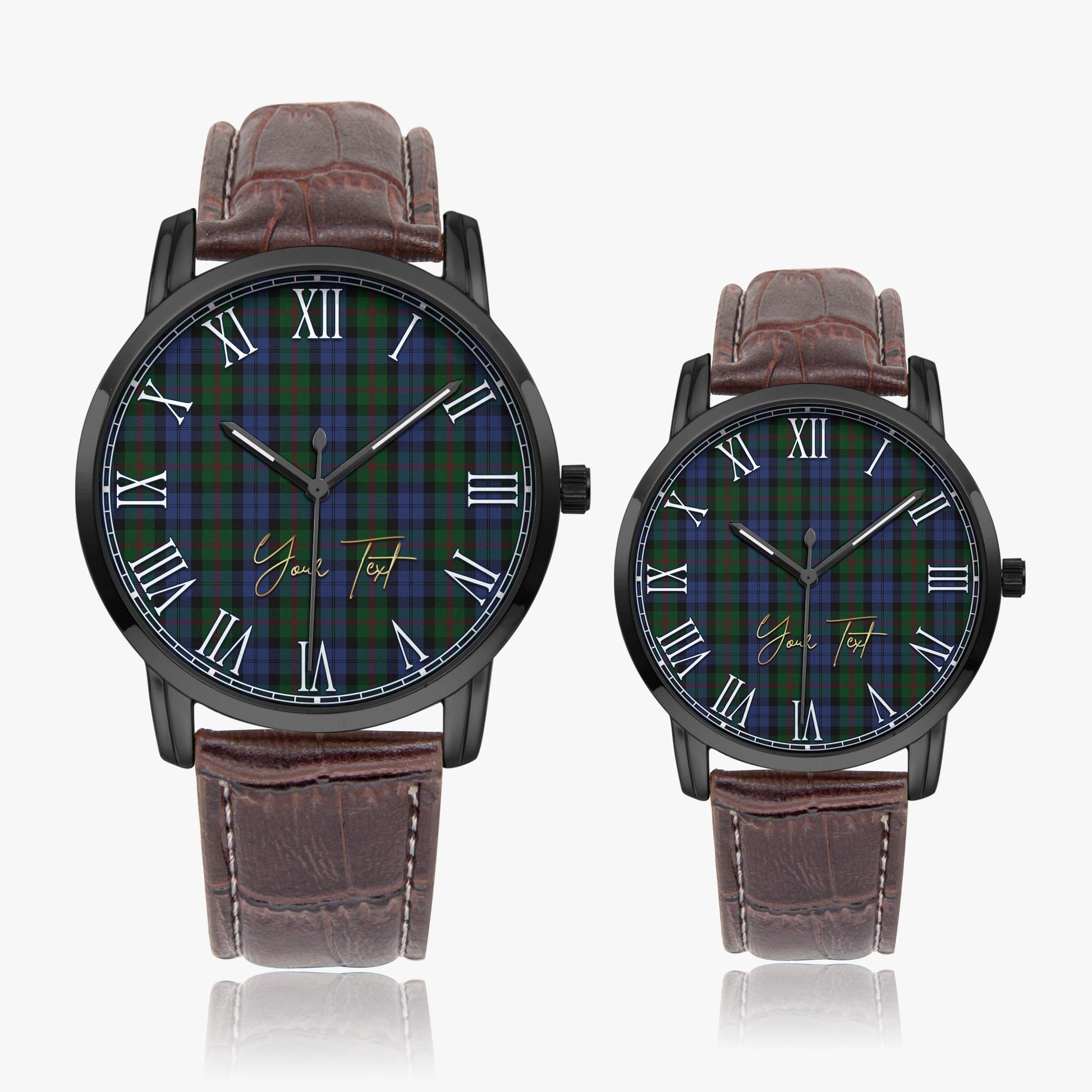 Baird Tartan Personalized Your Text Leather Trap Quartz Watch Wide Type Black Case With Brown Leather Strap - Tartanvibesclothing