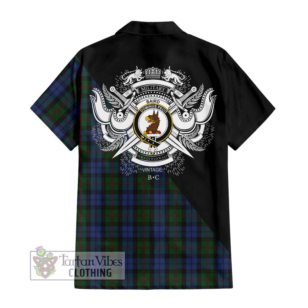 Baird Tartan Short Sleeve Button Shirt with Family Crest and Military Logo Style - Tartanvibesclothing Shop