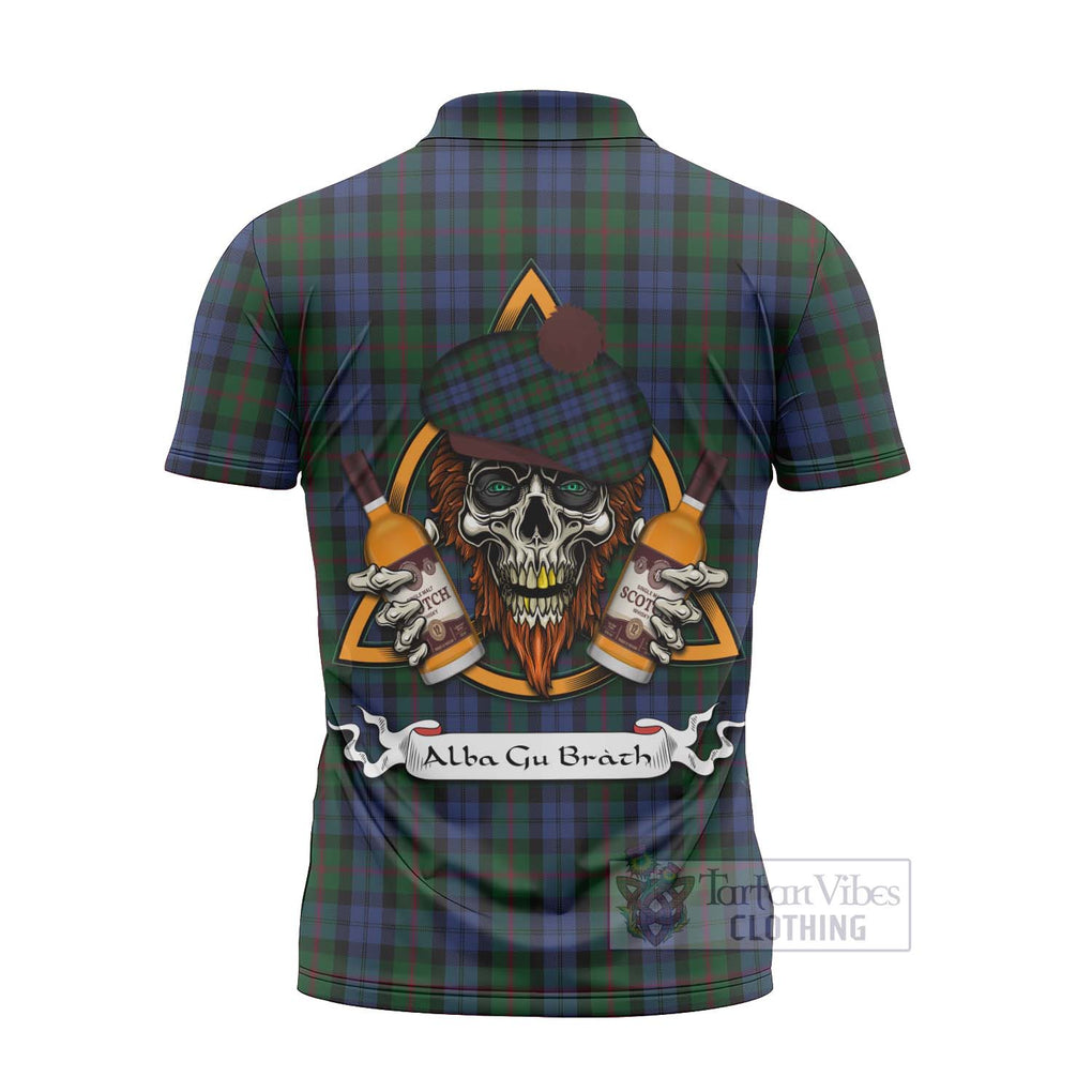 Tartan Vibes Clothing Baird Tartan Zipper Polo Shirt with Family Crest and Bearded Skull Holding Bottles of Whiskey