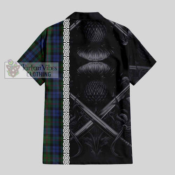 Baird Tartan Short Sleeve Button Shirt with Family Crest Cross Sword Thistle Celtic Vibes