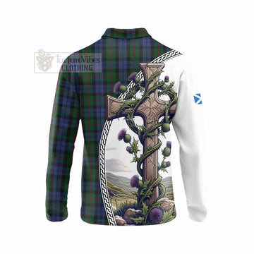 Baird Tartan Long Sleeve Polo Shirt with Family Crest and St. Andrew's Cross Accented by Thistle Vines