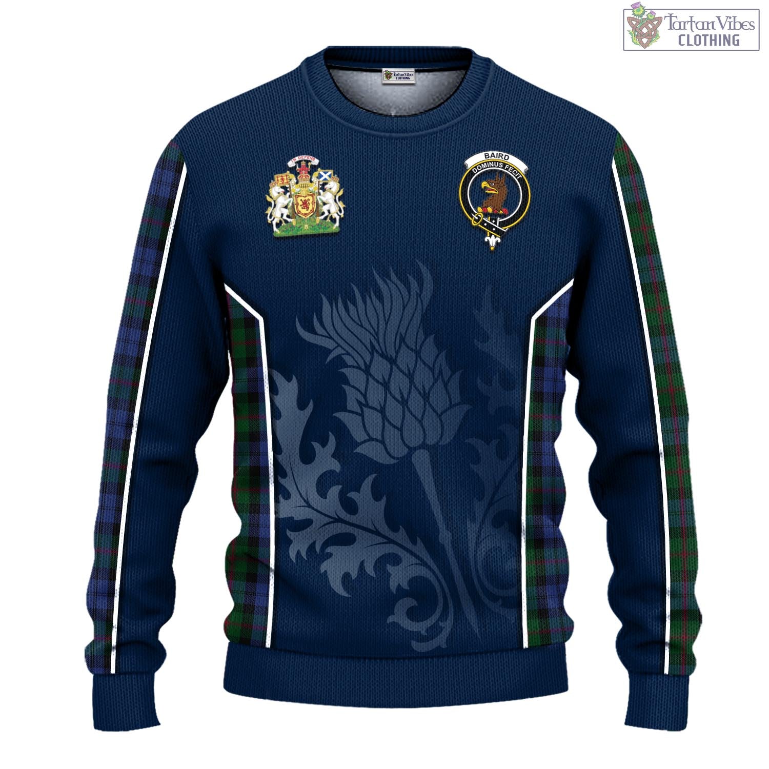 Tartan Vibes Clothing Baird Tartan Knitted Sweatshirt with Family Crest and Scottish Thistle Vibes Sport Style