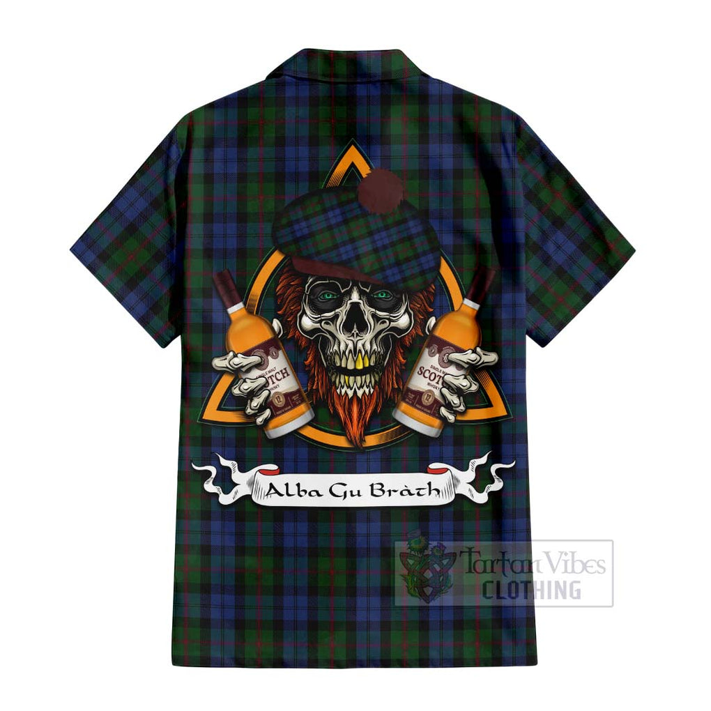 Tartan Vibes Clothing Baird Tartan Short Sleeve Button Shirt with Family Crest and Bearded Skull Holding Bottles of Whiskey