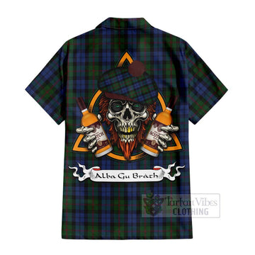 Baird Tartan Short Sleeve Button Shirt with Family Crest and Bearded Skull Holding Bottles of Whiskey