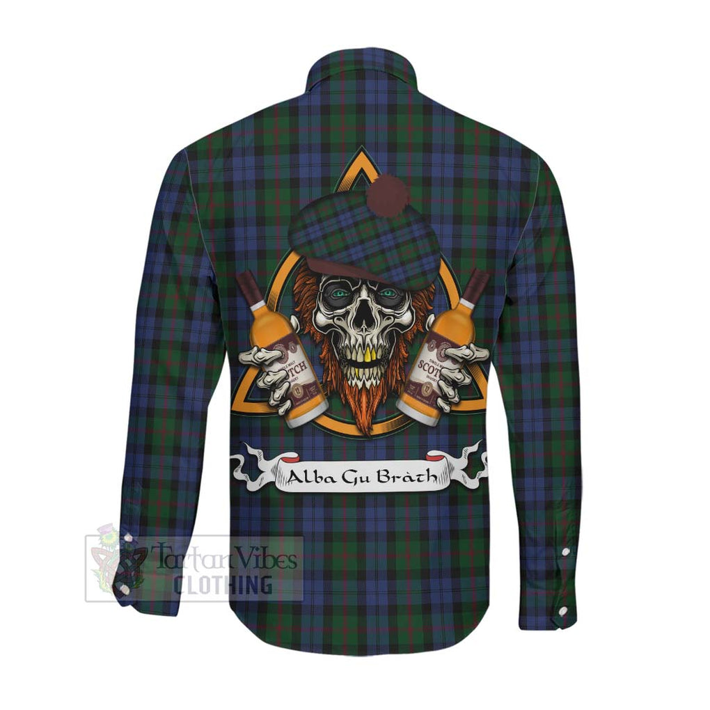 Tartan Vibes Clothing Baird Tartan Long Sleeve Button Shirt with Family Crest and Bearded Skull Holding Bottles of Whiskey