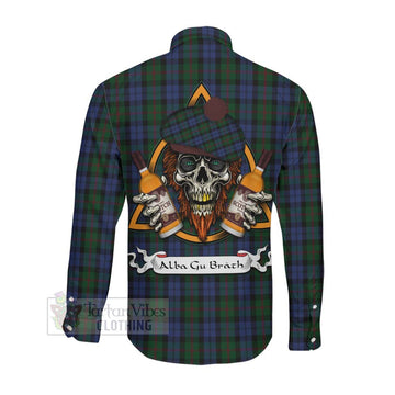 Baird Tartan Long Sleeve Button Shirt with Family Crest and Bearded Skull Holding Bottles of Whiskey