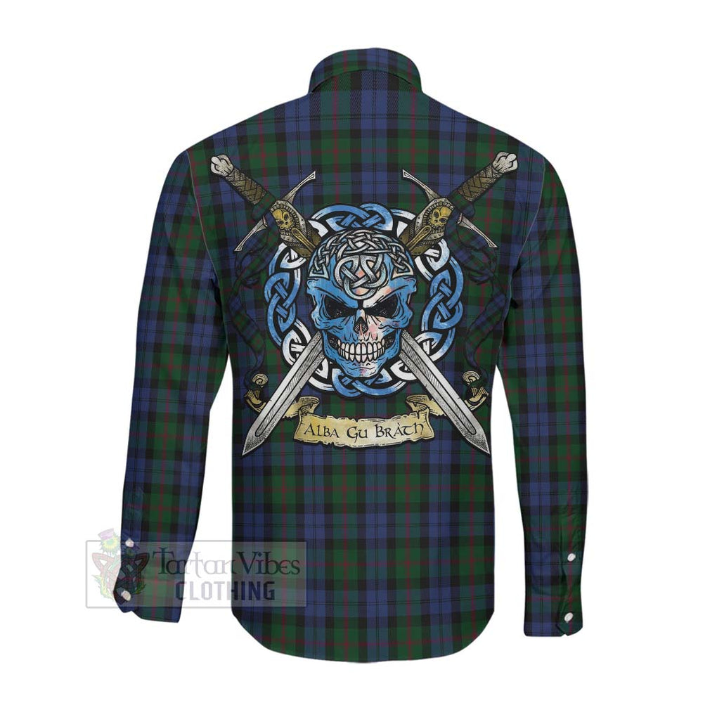 Tartan Vibes Clothing Baird Tartan Long Sleeve Button Shirt with Family Crest Celtic Skull Style