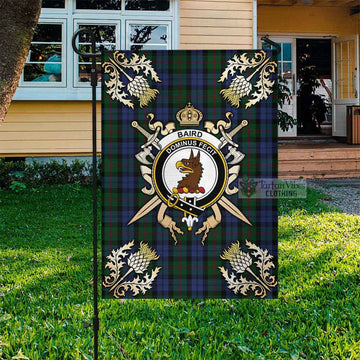 Baird Tartan Flag with Family Crest and Golden Thistle Crossed Sword Design