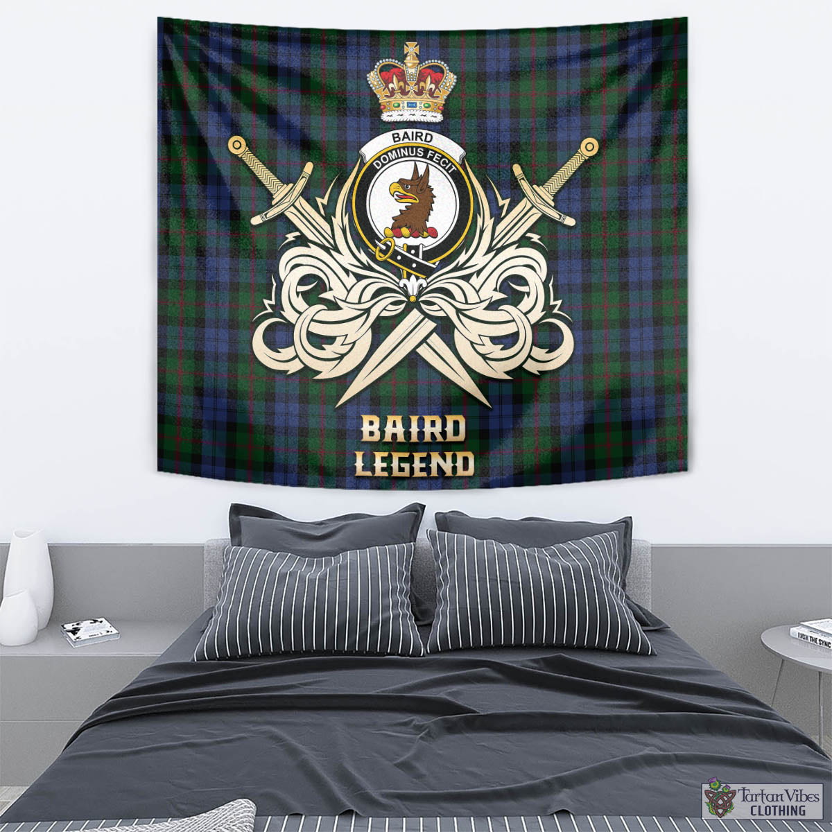 Tartan Vibes Clothing Baird Tartan Tapestry with Clan Crest and the Golden Sword of Courageous Legacy