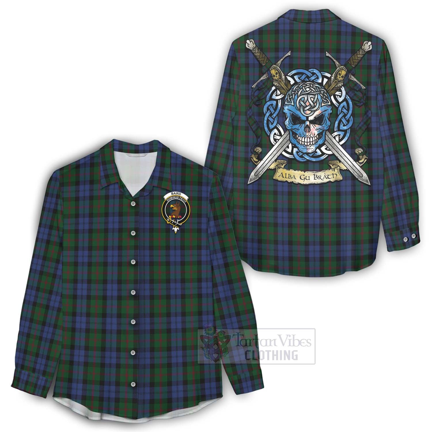 Tartan Vibes Clothing Baird Tartan Women's Casual Shirt with Family Crest Celtic Skull Style